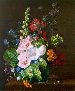 Jan van Huysum, Hollyhocks and other Flowers in a Vase